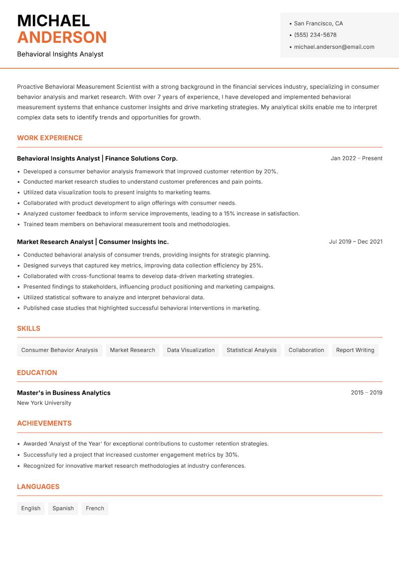 Behavioral Measurement Scientist resume template — Modern Professional