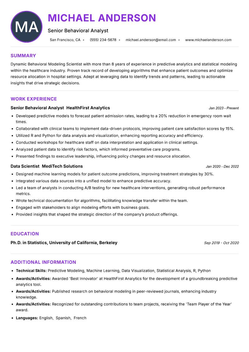 Behavioral Modeling Scientist resume example — ATS-friendly template