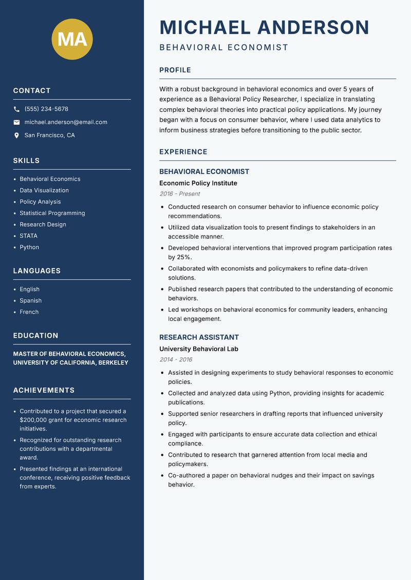 Behavioral Policy Researcher resume template — Classic Clean