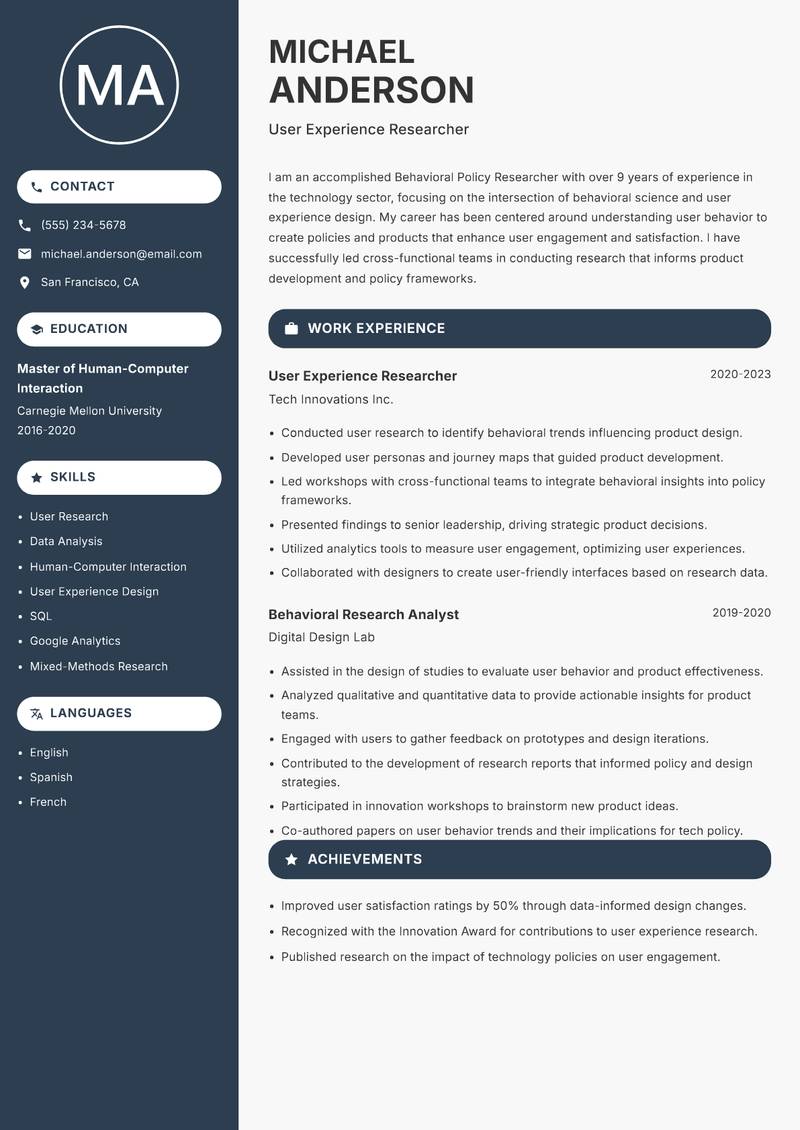 Behavioral Policy Researcher resume template — Compact