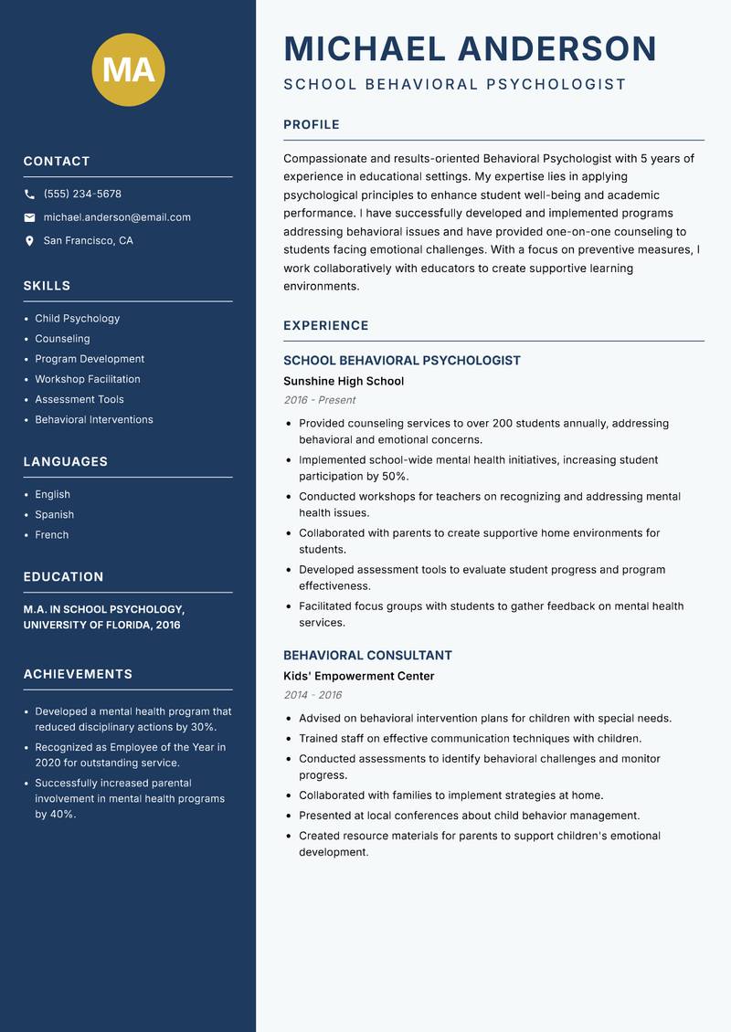 Behavioral Psychologist resume template — Classic Clean