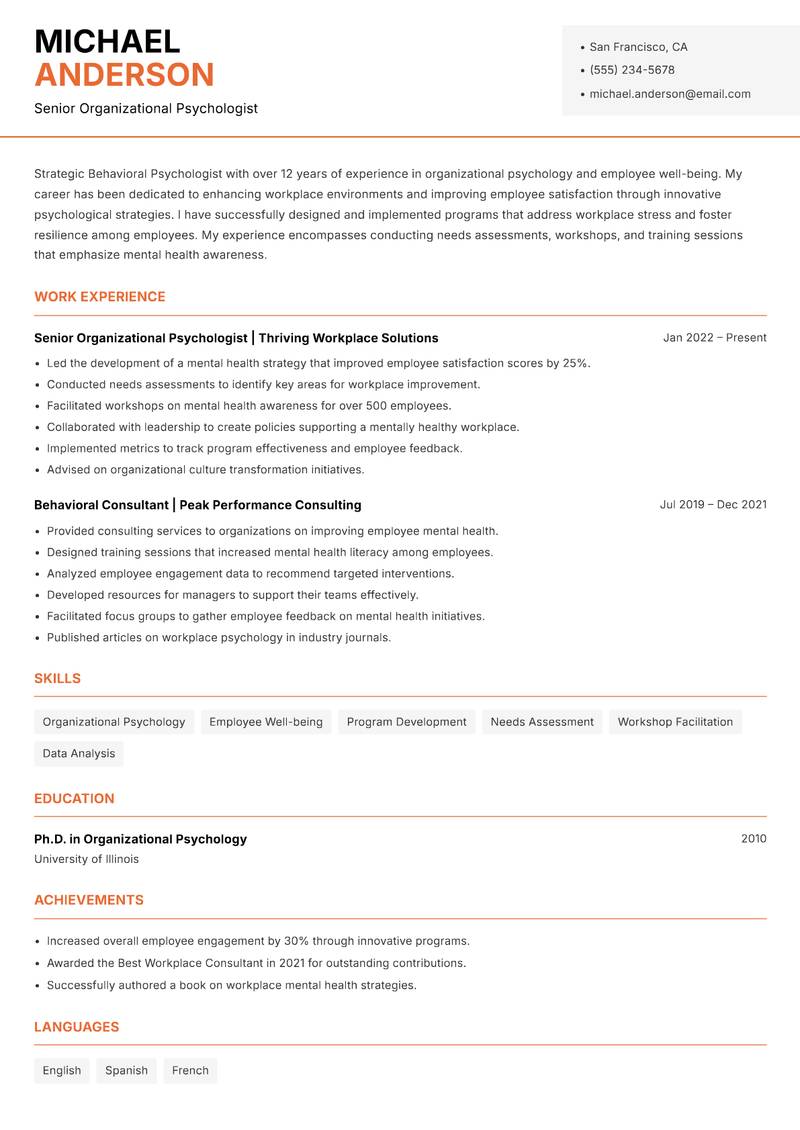 Behavioral Psychologist resume template — Modern Professional