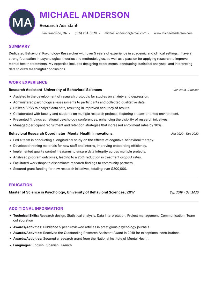 Behavioral Psychology Researcher resume example — ATS-friendly template