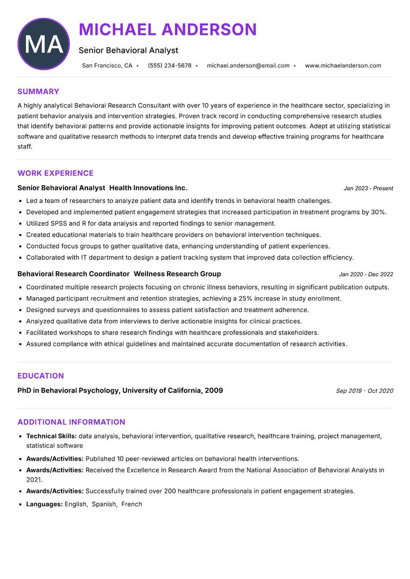 Behavioral Research Consultant resume example — ATS-friendly template