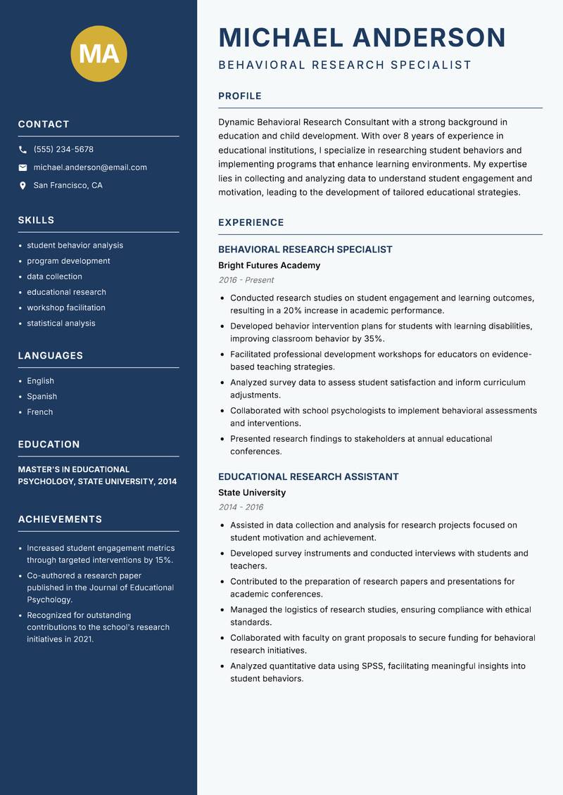 Behavioral Research Consultant resume template — Classic Clean