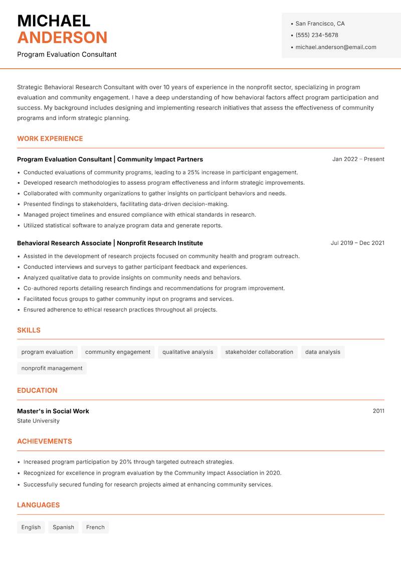 Behavioral Research Consultant resume template — Modern Professional