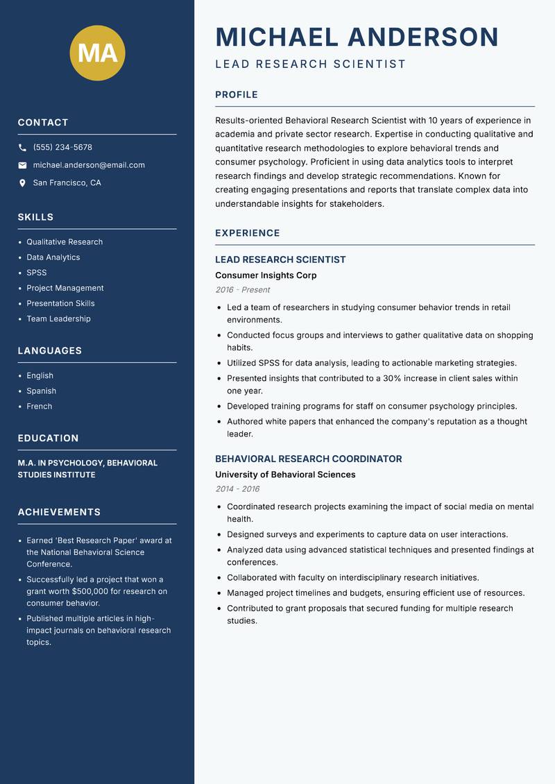 Behavioral Research Scientist resume template — Classic Clean