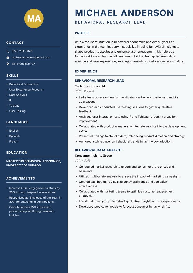 Behavioral Researcher resume template — Classic Clean