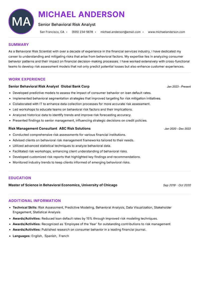 Behavioral Risk Scientist resume example — ATS-friendly template