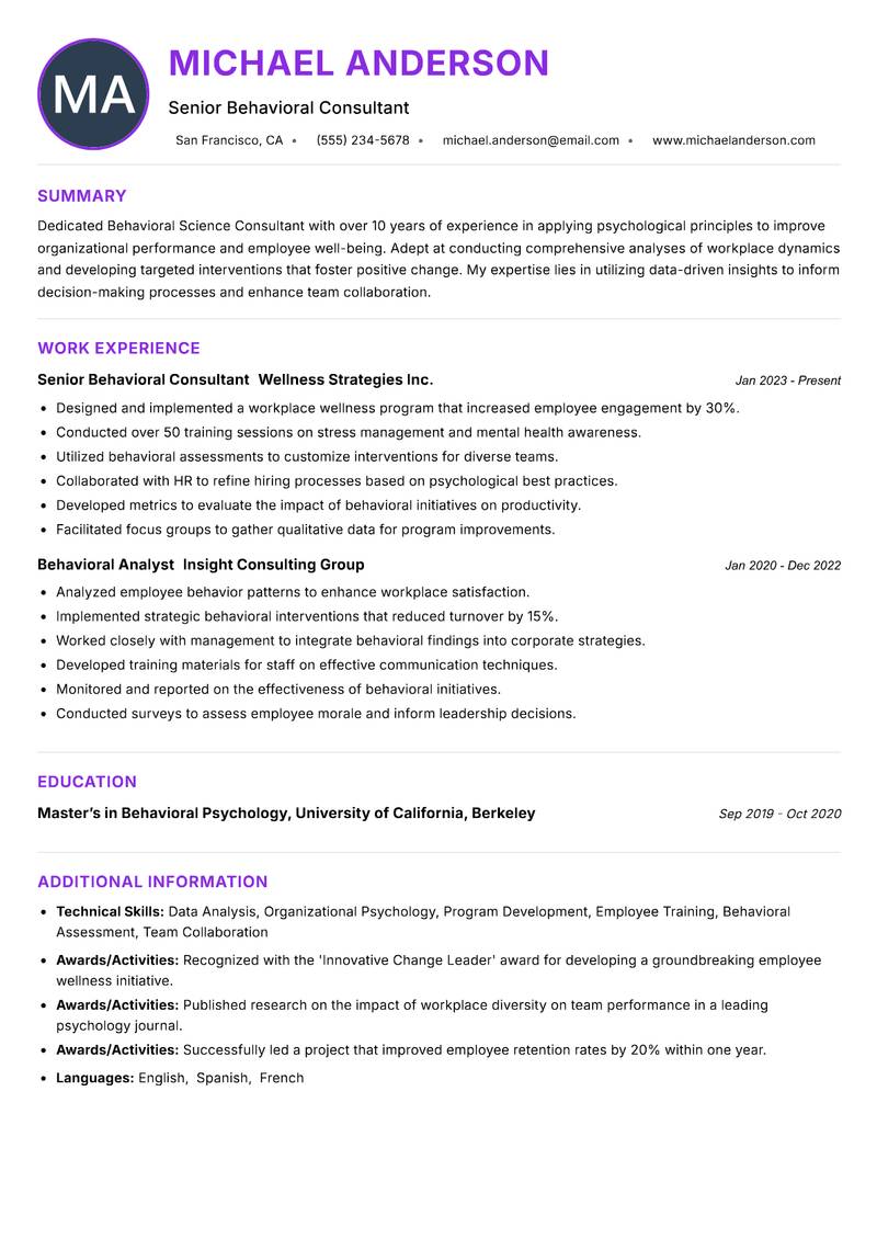 Behavioral Science Consultant resume example — ATS-friendly template