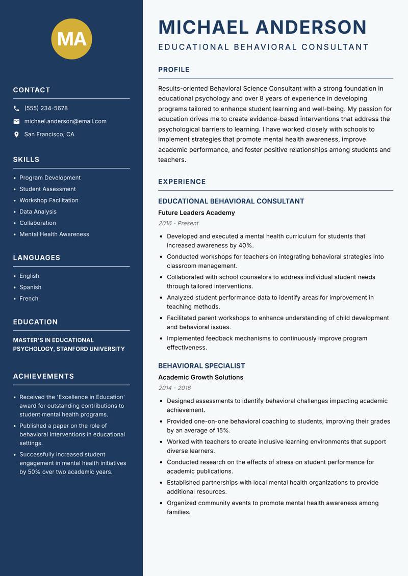 Behavioral Science Consultant resume template — Classic Clean