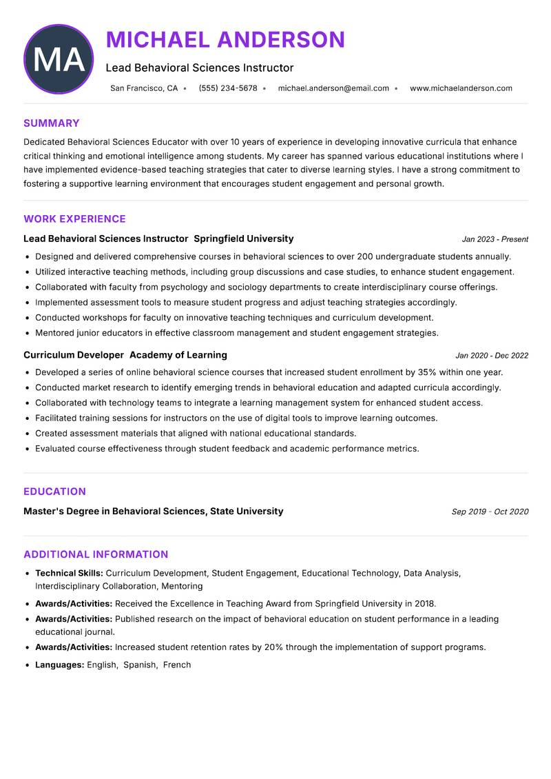 Behavioral Sciences Educator resume example — ATS-friendly template