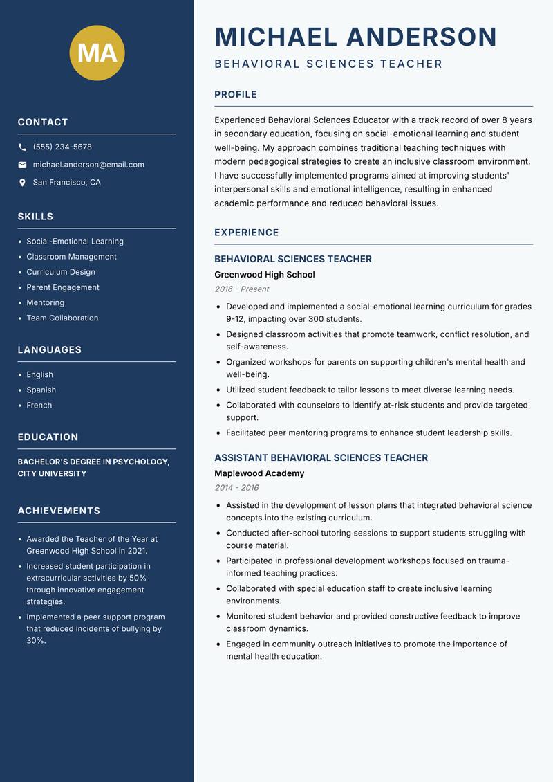 Behavioral Sciences Educator resume template — Classic Clean