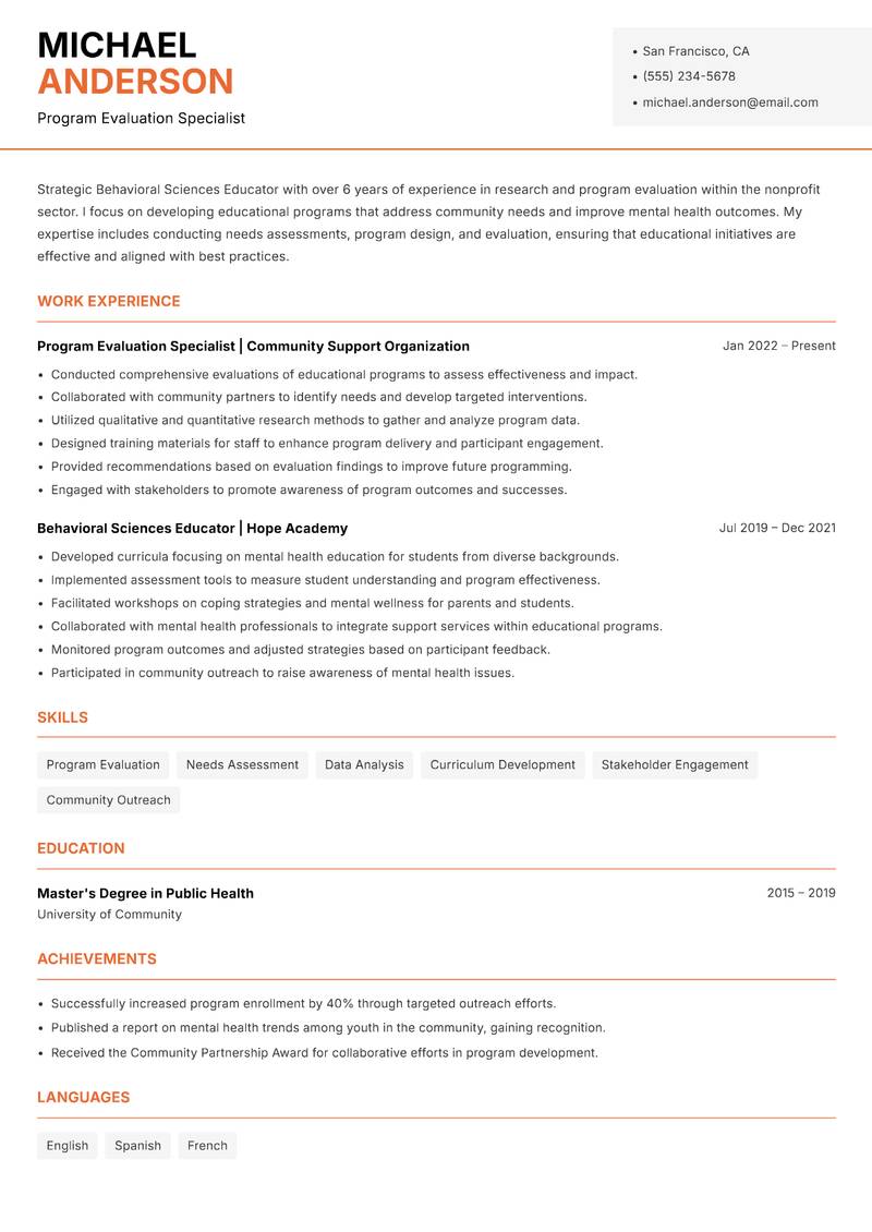 Behavioral Sciences Educator resume template — Modern Professional
