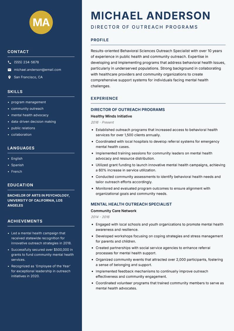 Behavioral Sciences Outreach Specialist resume template — Classic Clean