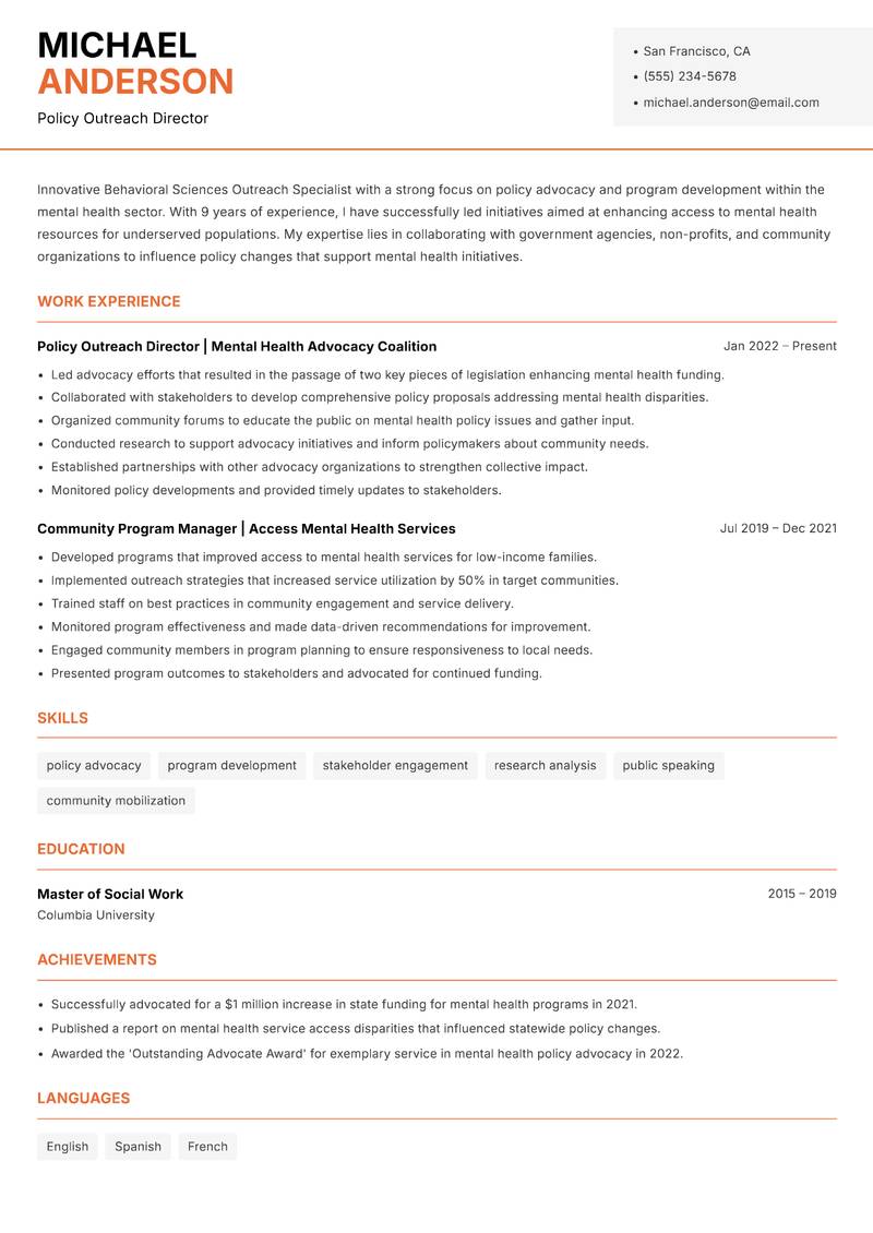 Behavioral Sciences Outreach Specialist resume template — Modern Professional