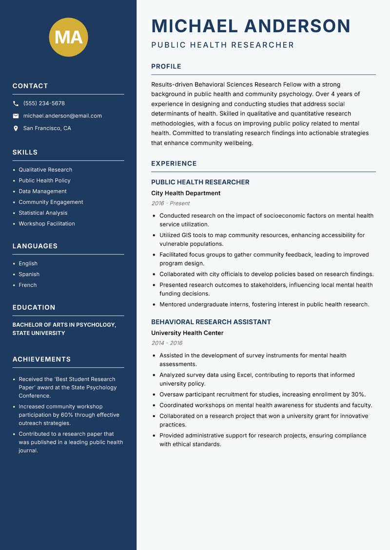 Behavioral Sciences Research Fellow resume template — Classic Clean