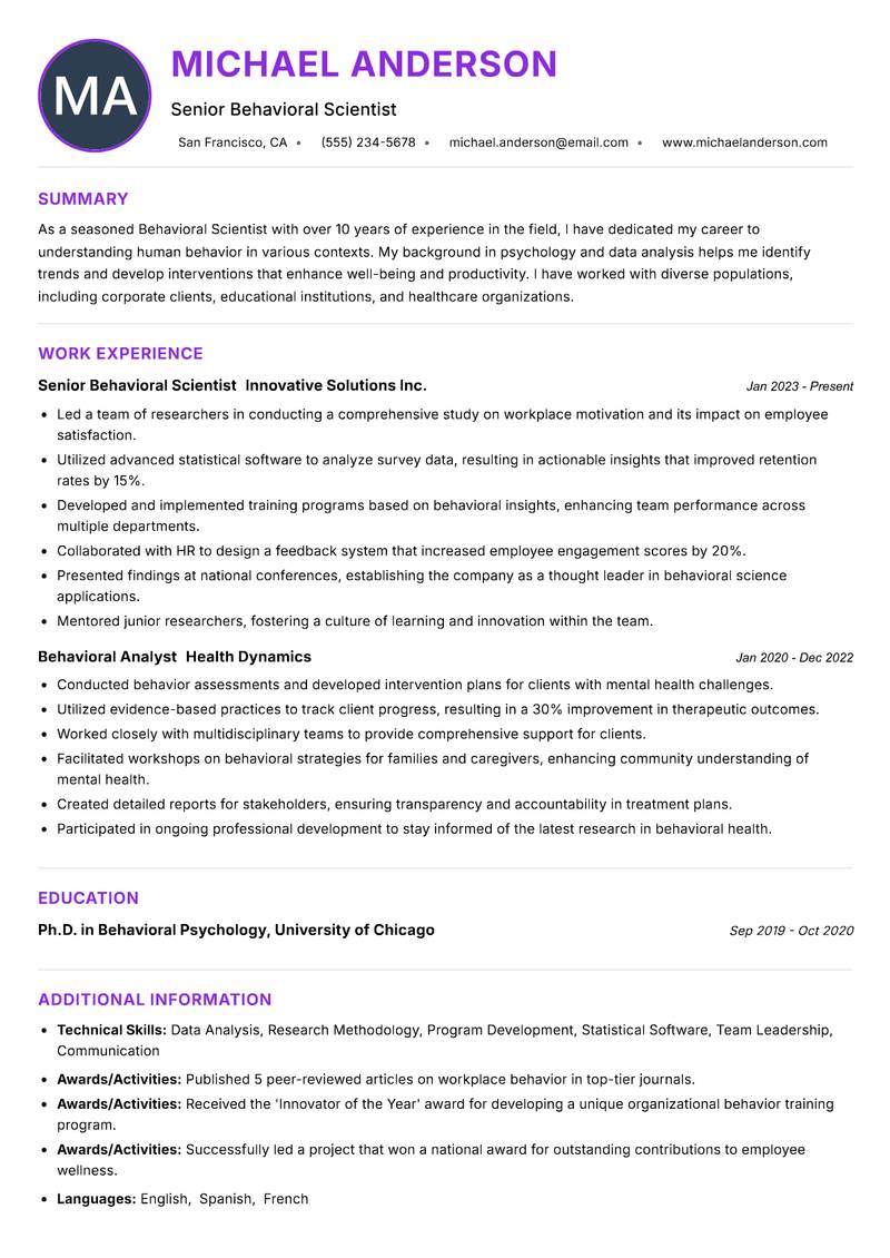 Behavioral Scientist resume example — ATS-friendly template