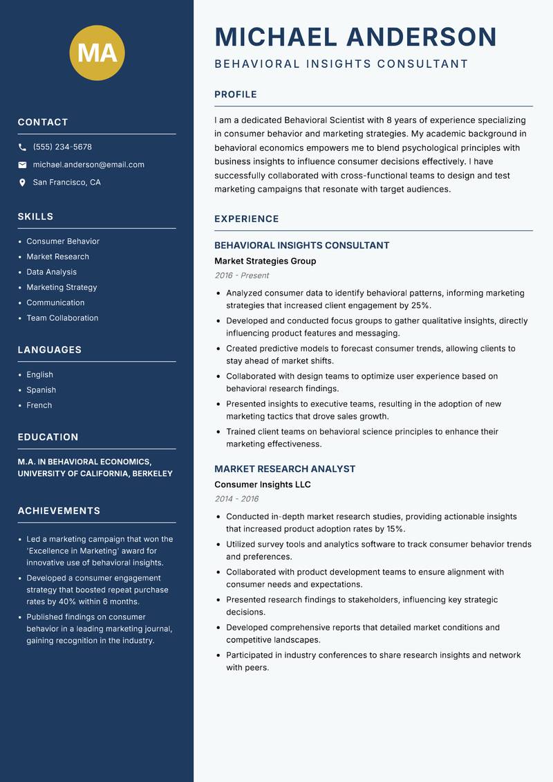 Behavioral Scientist resume template — Classic Clean