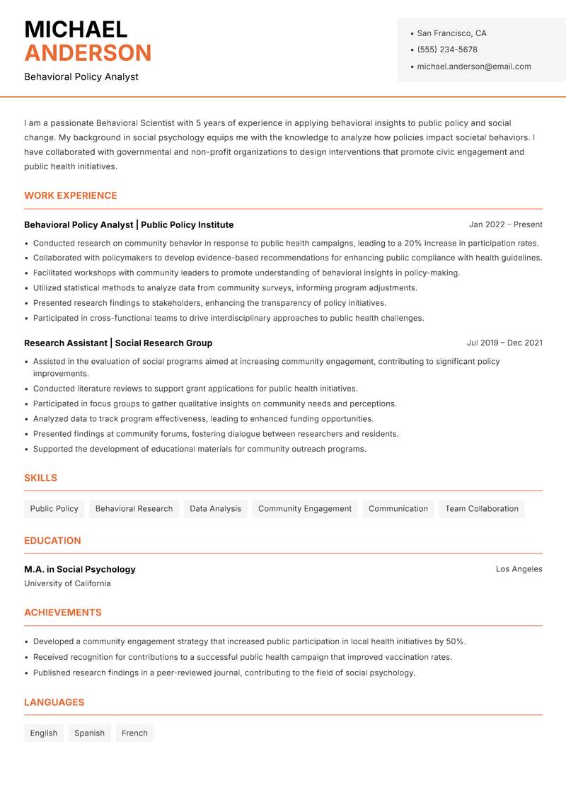 Behavioral Scientist resume template — Modern Professional