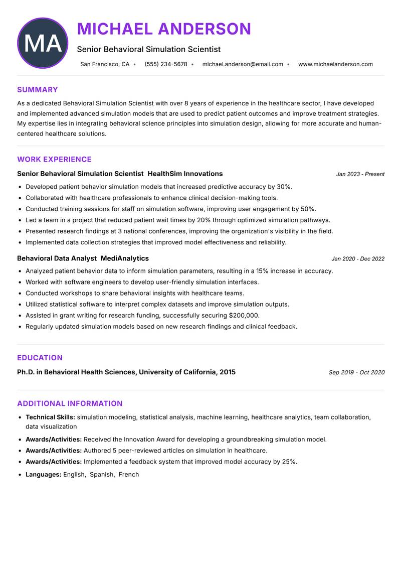 Behavioral Simulation Scientist resume example — ATS-friendly template