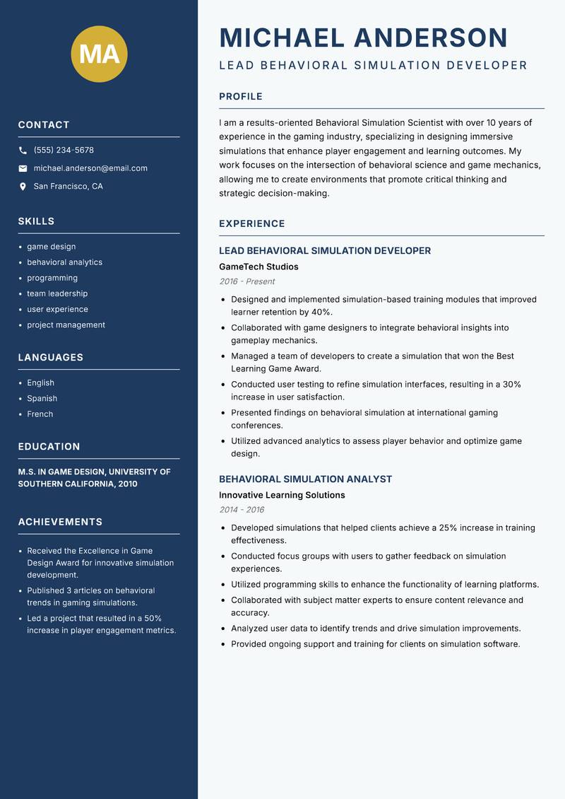 Behavioral Simulation Scientist resume template — Classic Clean
