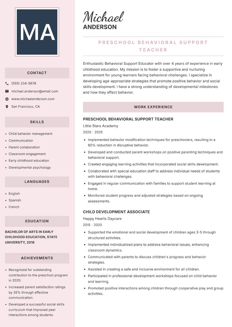 Behavioral Support Educator resume template — Executive