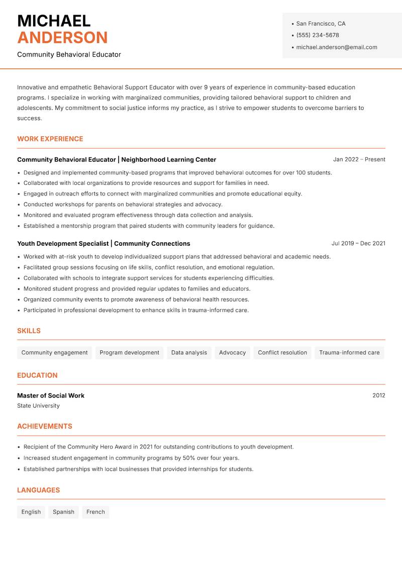 Behavioral Support Educator resume template — Modern Professional