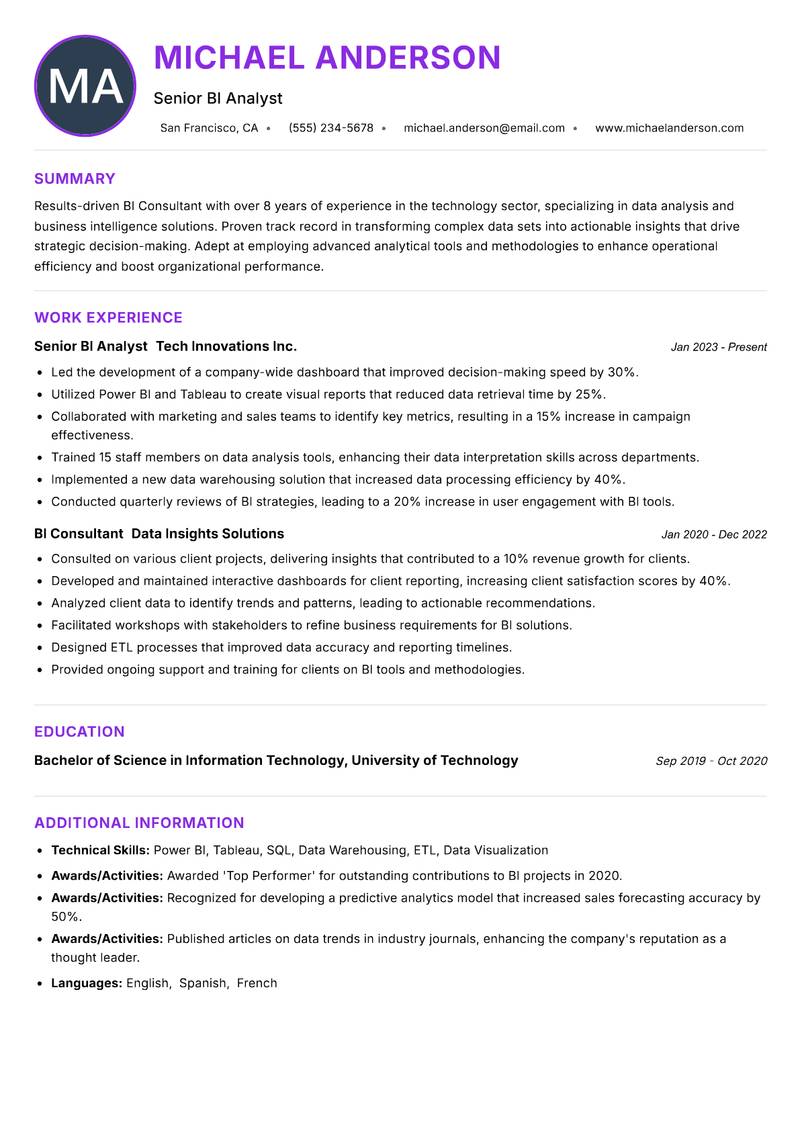 BI Consultant resume example — ATS-friendly template
