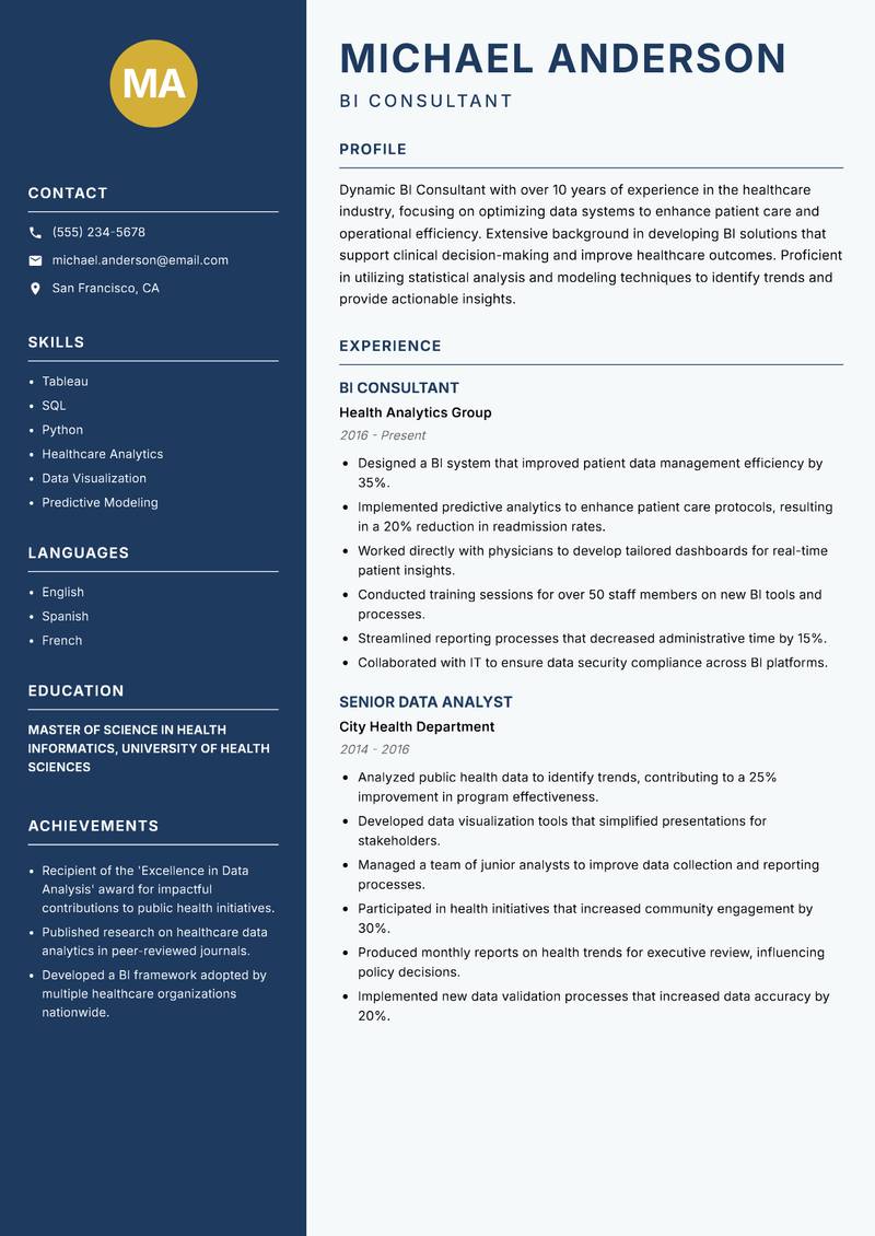 BI Consultant resume template — Classic Clean