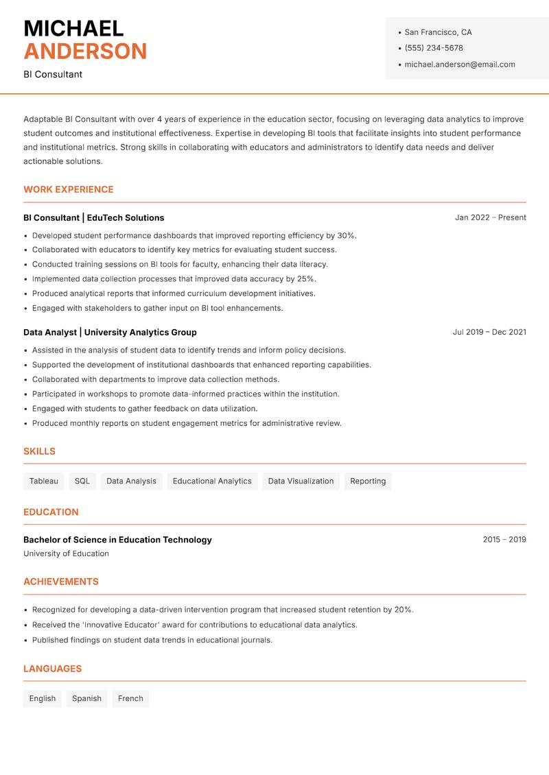 BI Consultant resume template — Modern Professional