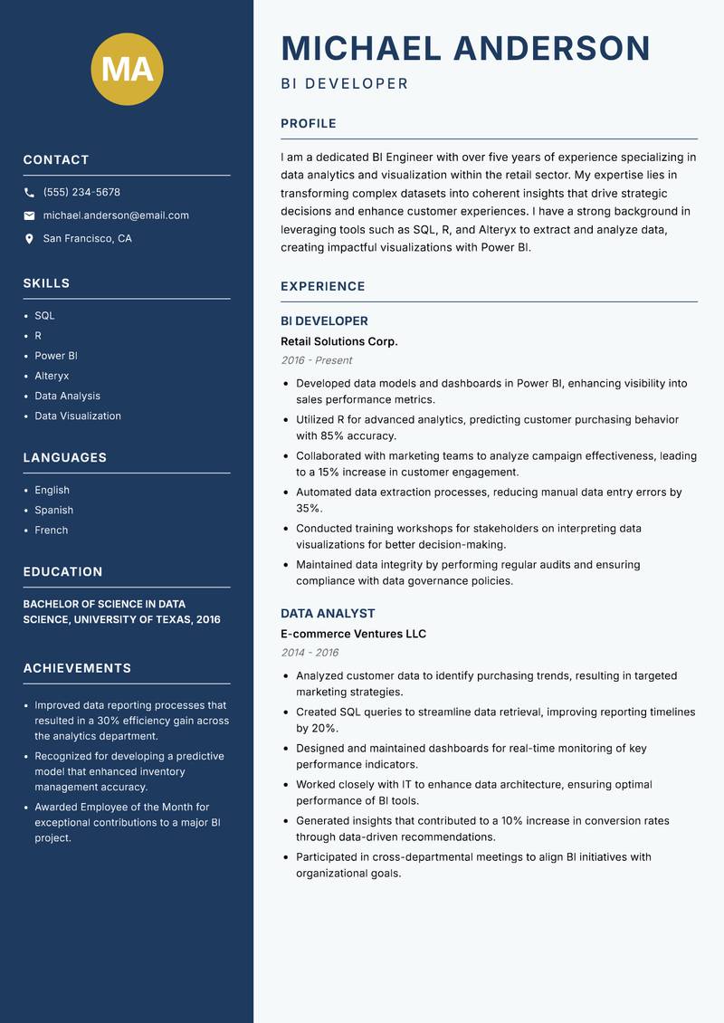 BI Engineer resume template — Classic Clean