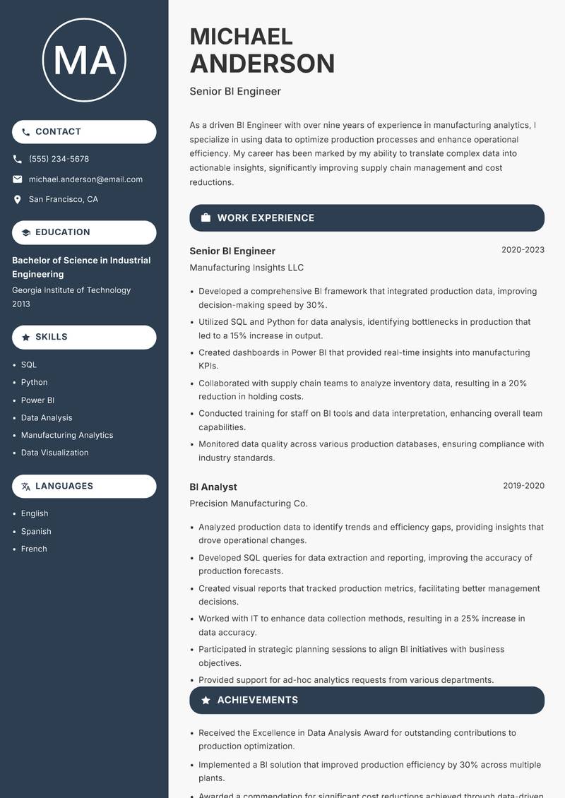 BI Engineer resume template — Compact