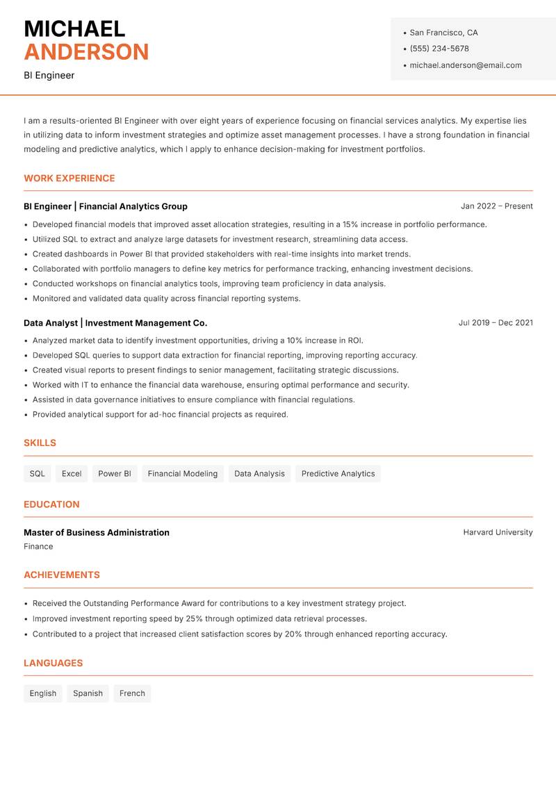 BI Engineer resume template — Modern Professional