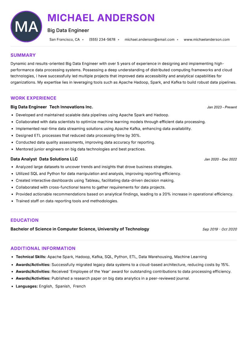 Big Data Engineer resume example — ATS-friendly template