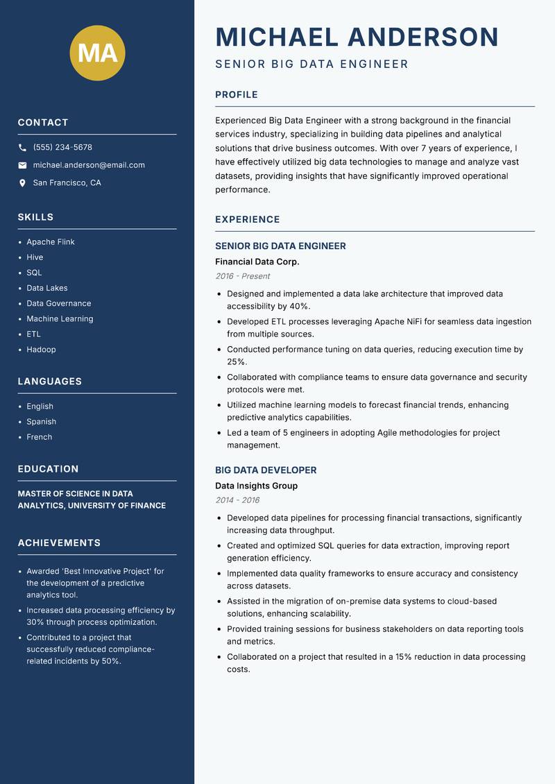 Big Data Engineer resume template — Classic Clean