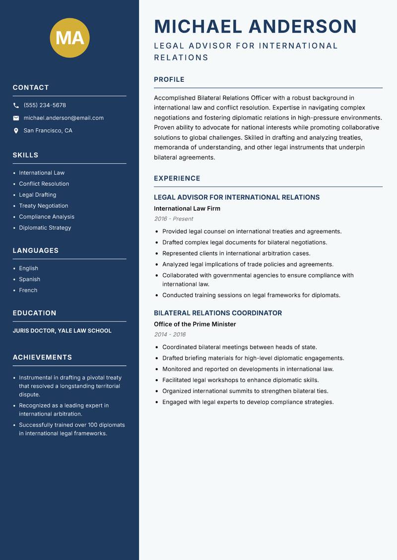 Bilateral Relations Officer resume template — Classic Clean