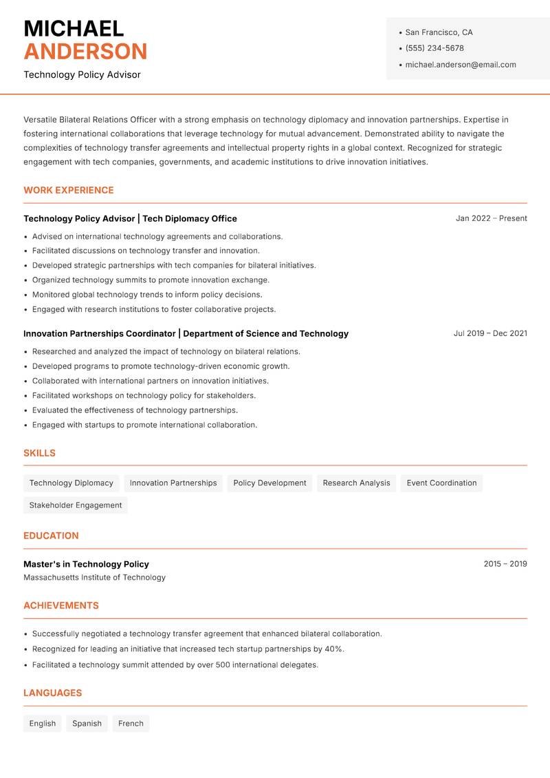 Bilateral Relations Officer resume template — Modern Professional