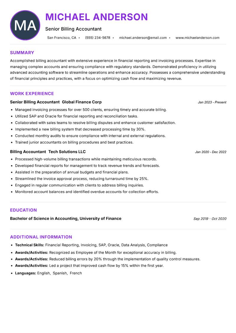 Billing Accountant resume example — ATS-friendly template