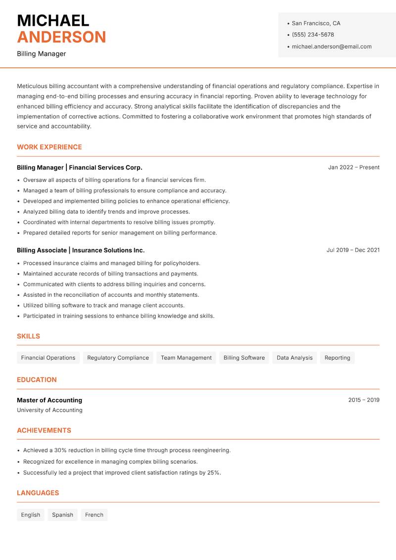Billing Accountant resume template — Modern Professional