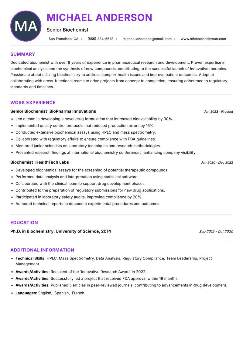 Biochemist resume example — Life Sciences