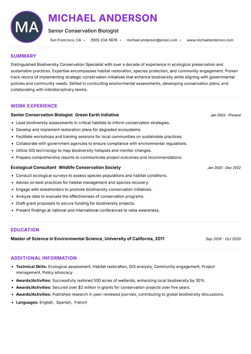 Biodiversity Conservation Specialist resume example — Environmental Protection