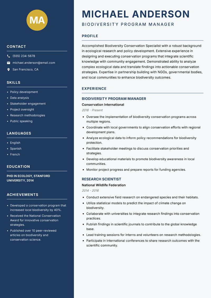 Biodiversity Conservation Specialist resume template — Classic Clean