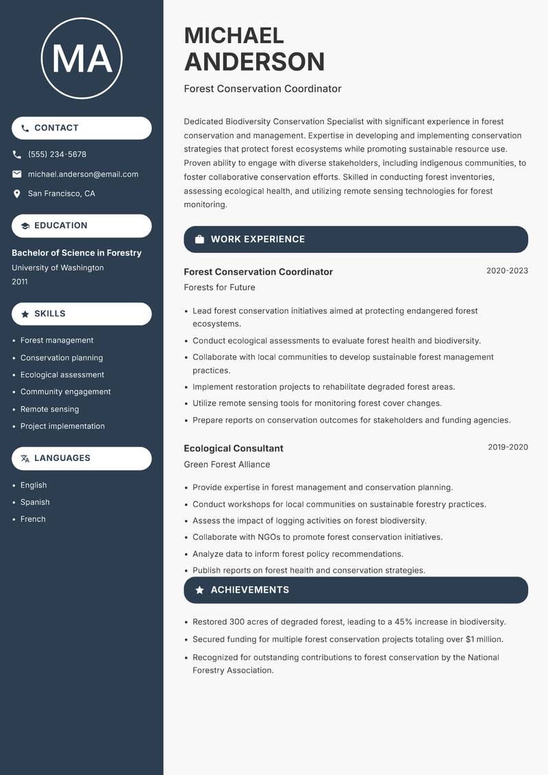 Biodiversity Conservation Specialist resume template — Compact