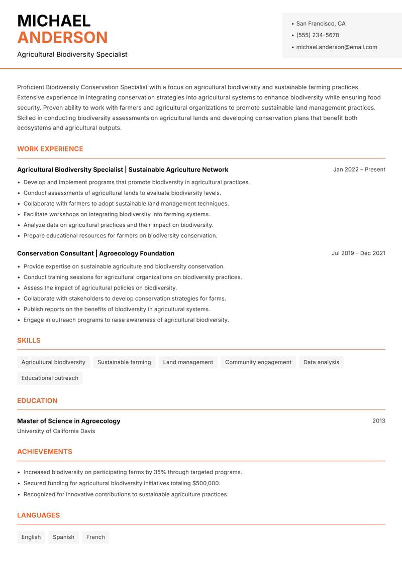 Biodiversity Conservation Specialist resume template — Modern Professional