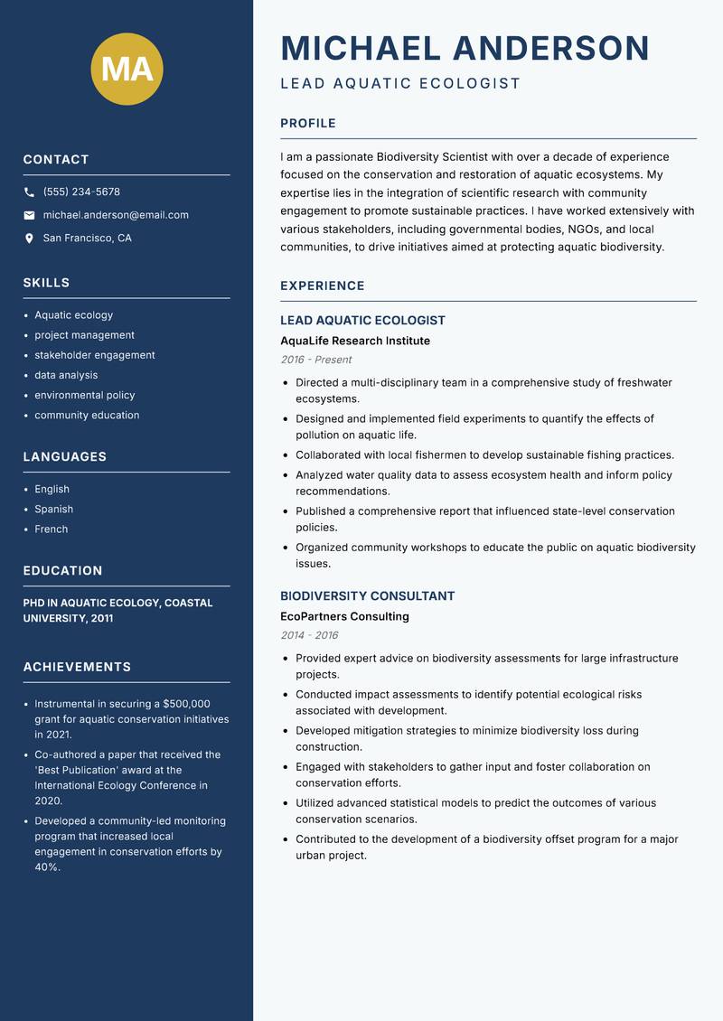 Biodiversity Scientist resume template — Classic Clean