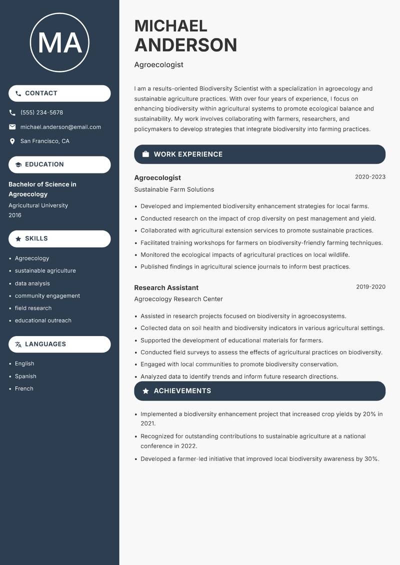 Biodiversity Scientist resume template — Compact