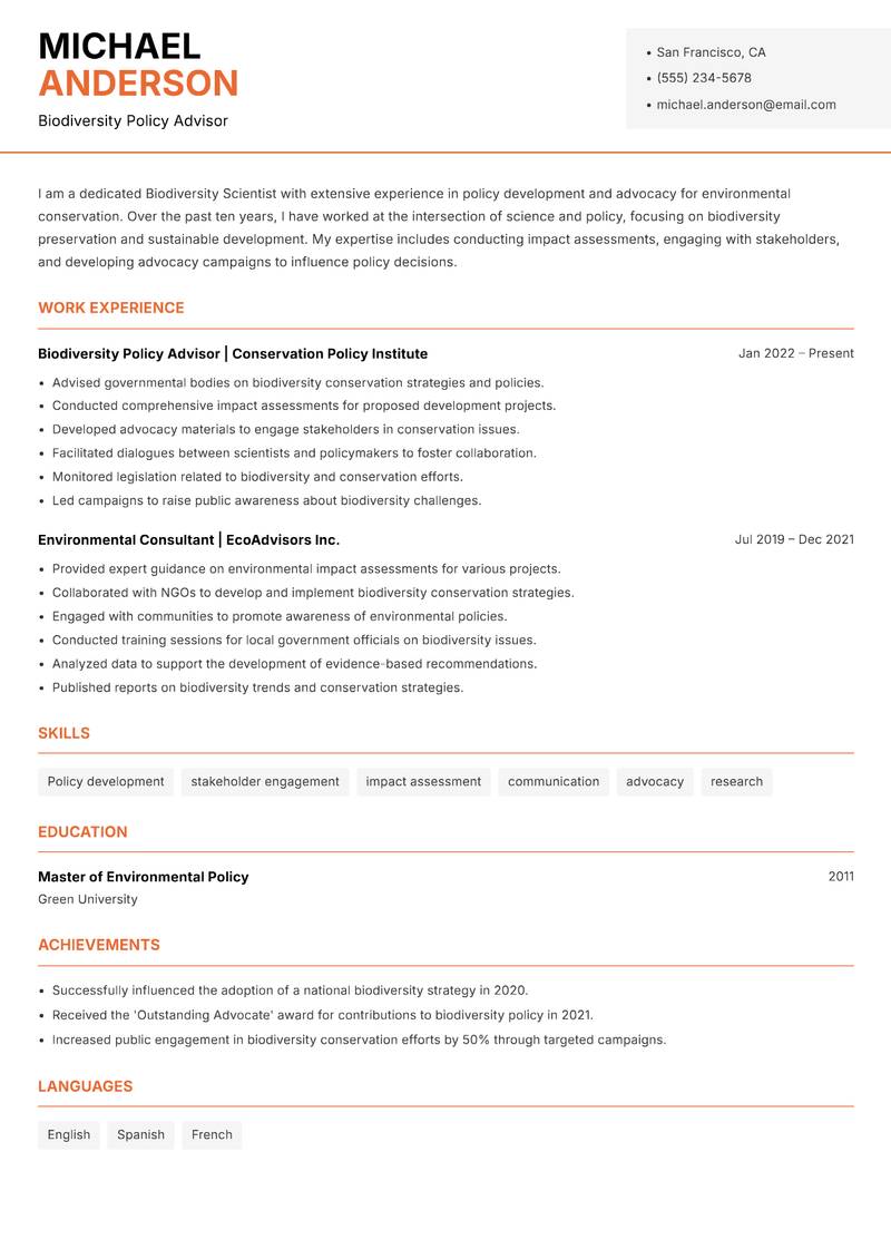 Biodiversity Scientist resume template — Modern Professional