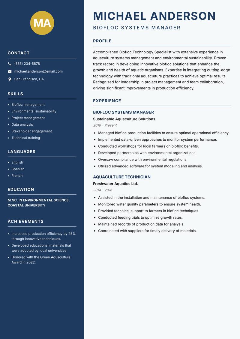 Biofloc Technology Specialist resume template — Classic Clean
