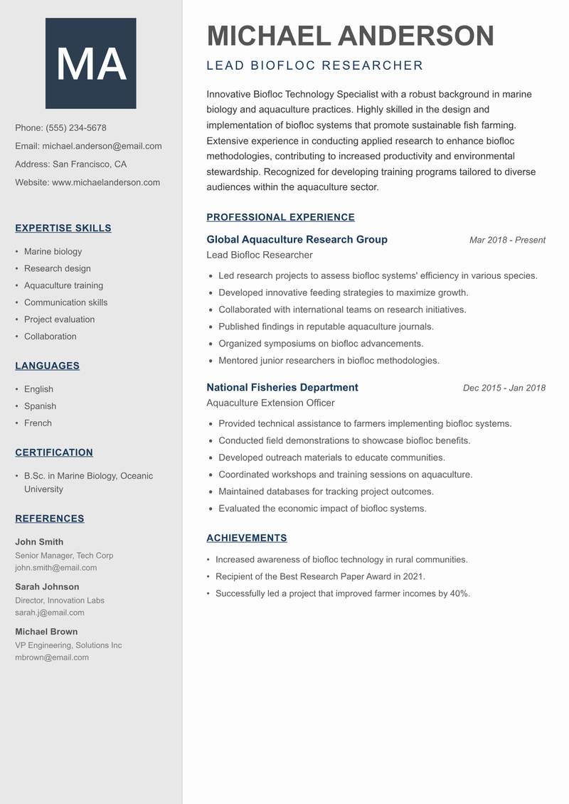 Biofloc Technology Specialist resume template — Creative Minimal